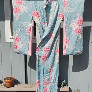 Light Blue Floral Kimono with Pink Accents